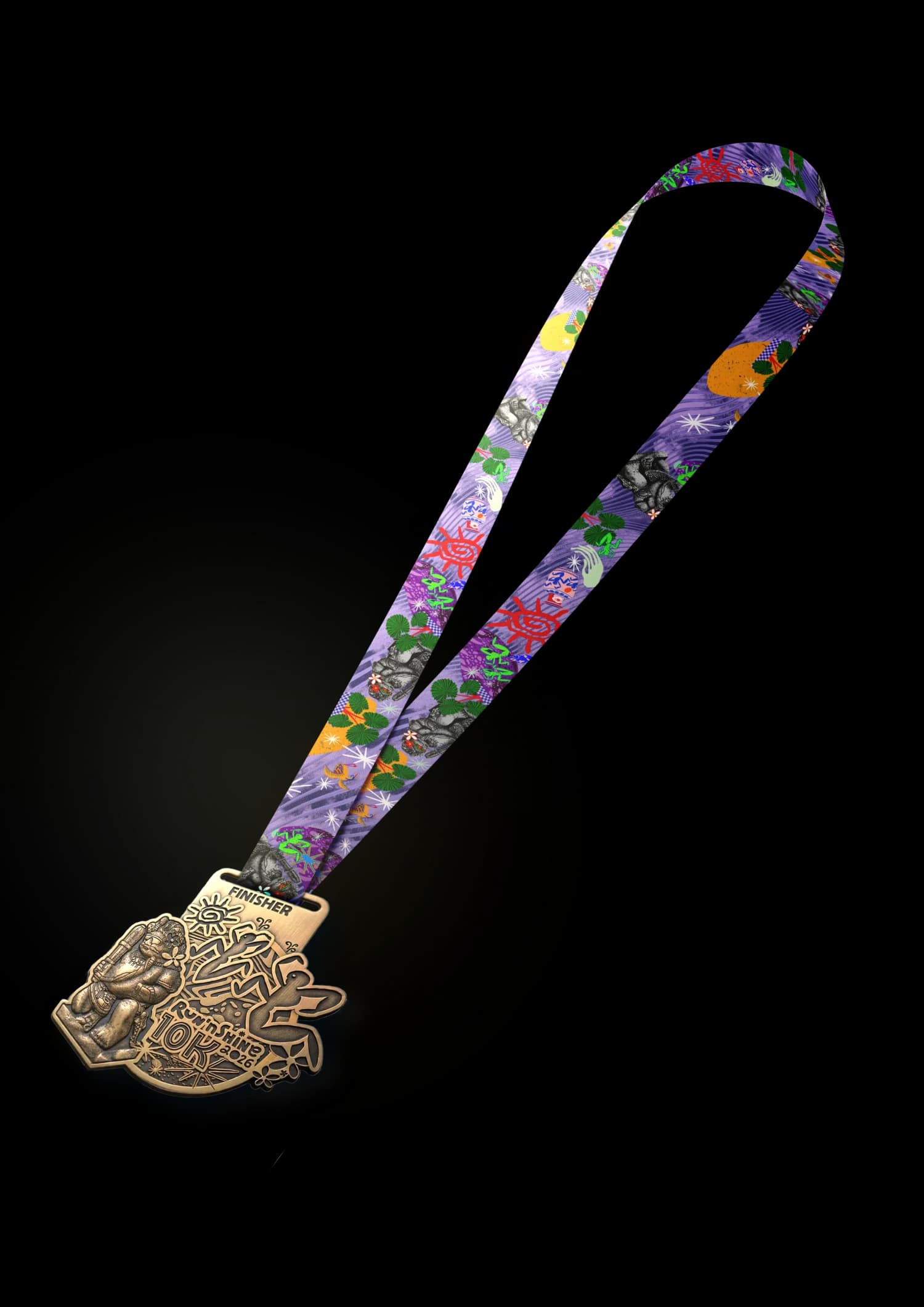 Medali finisher Run'nShine 10K 2026 — perunggu dengan lanyard motif jersey