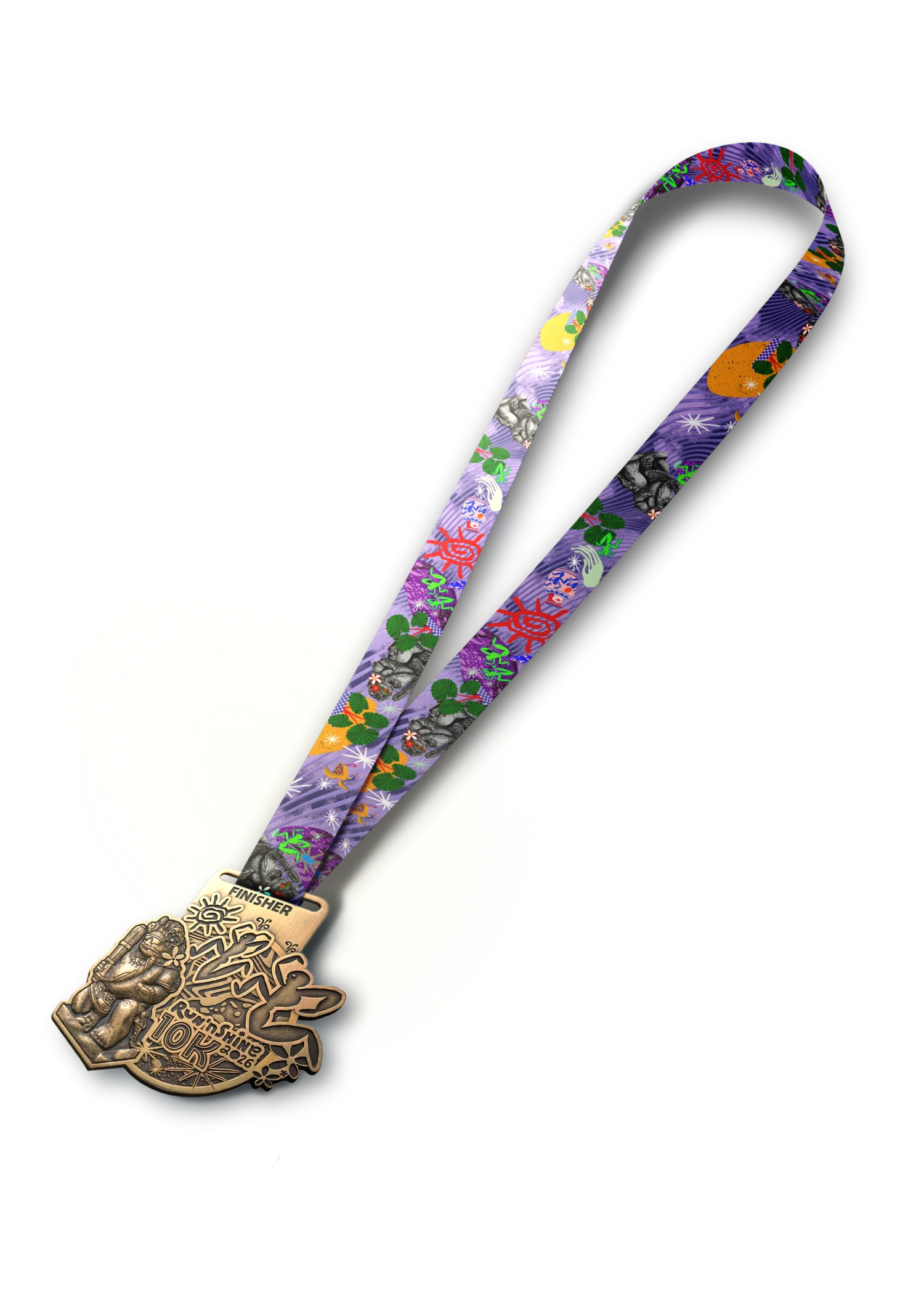 Medali finisher Run'nShine 10K 2026 — perunggu dengan lanyard motif jersey