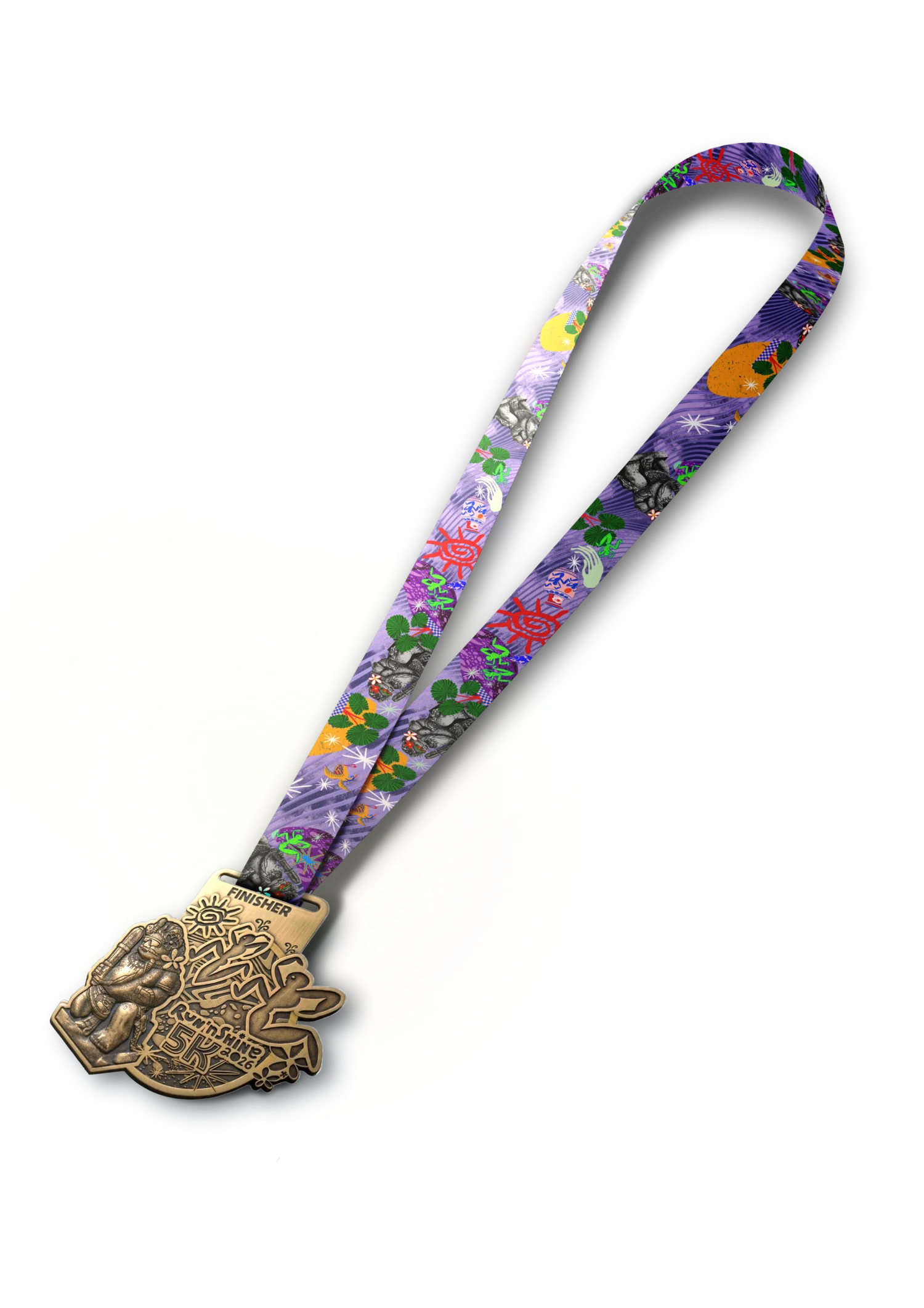 Medali finisher Run'nShine 5K 2026 — perunggu dengan lanyard motif jersey